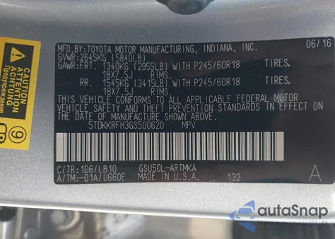 2016 Toyota Highlander Xle V6 from USA, damaged, VIN 5TDKKRFH3GS500620